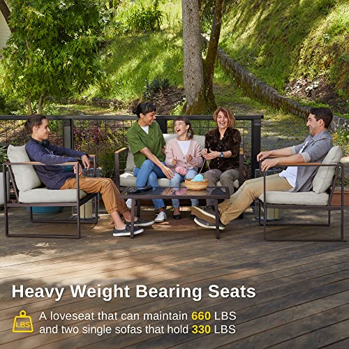 EAST OAK Courtyard Patio Furniture Set, 4-Piece Outdoor Patio Set with Sofa, Removable & Washable Deep Seating Cushion, Tempered Glass Table