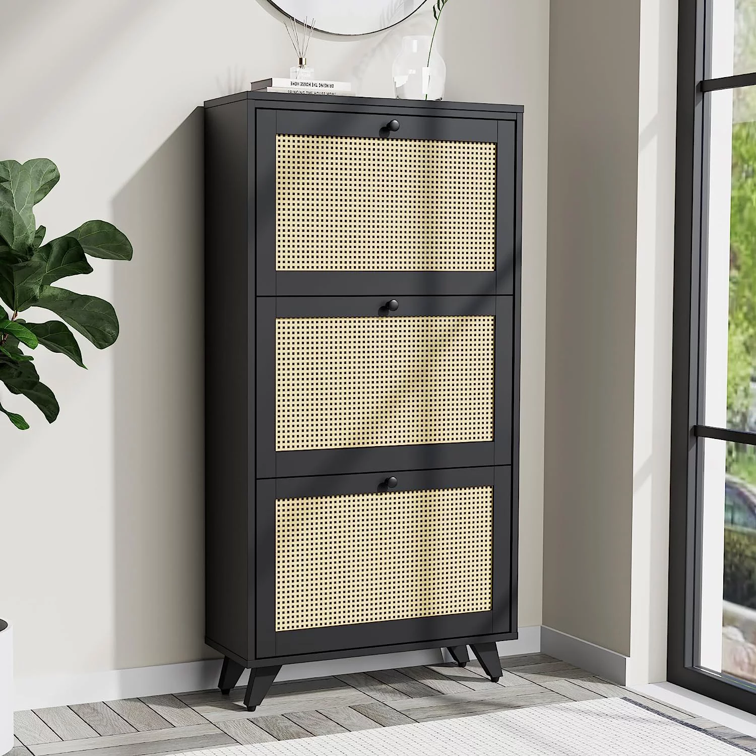 Cozy Castle Rattan Narrow Shoe Cabinet with 3 FILP Drawers, Freestanding Shoe Storage Organizer, Modern Shoe Organizer Cabinet for Entryway, Black