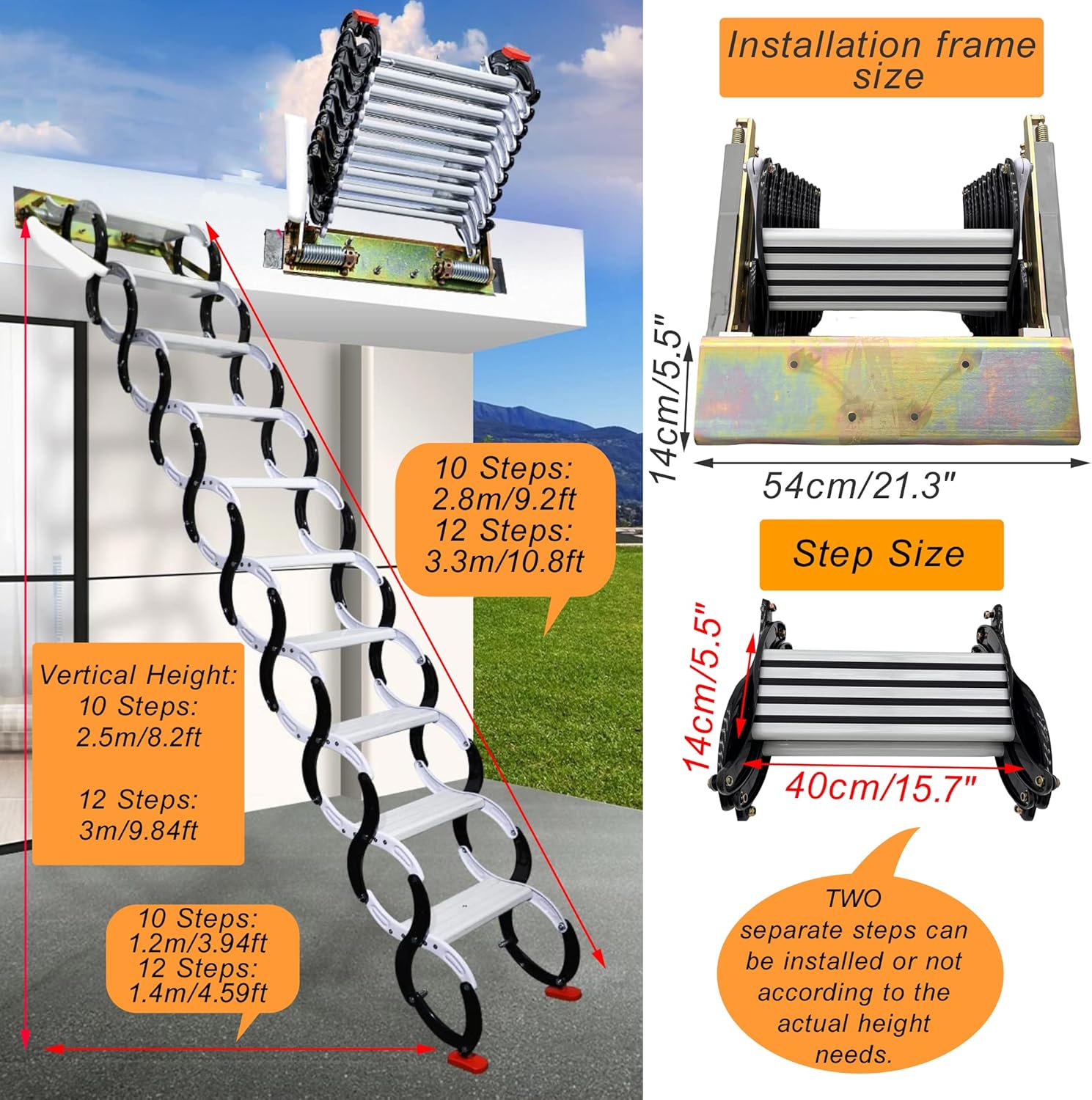 TECHTONGDA Folding Attic Ladder Pull Down Attic Stairs, Narrow Wall-mounted Attic Steps, Retractable Loft Ladder Stairs