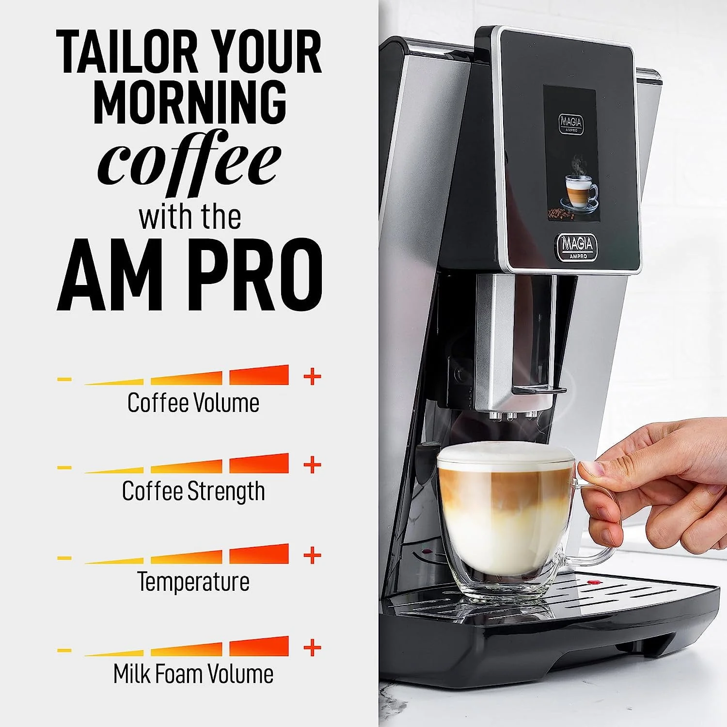 AMPRO Automatic Espresso Machine with Grinder, Super Automatic Coffee Machine and Milk Frother - Black Silver