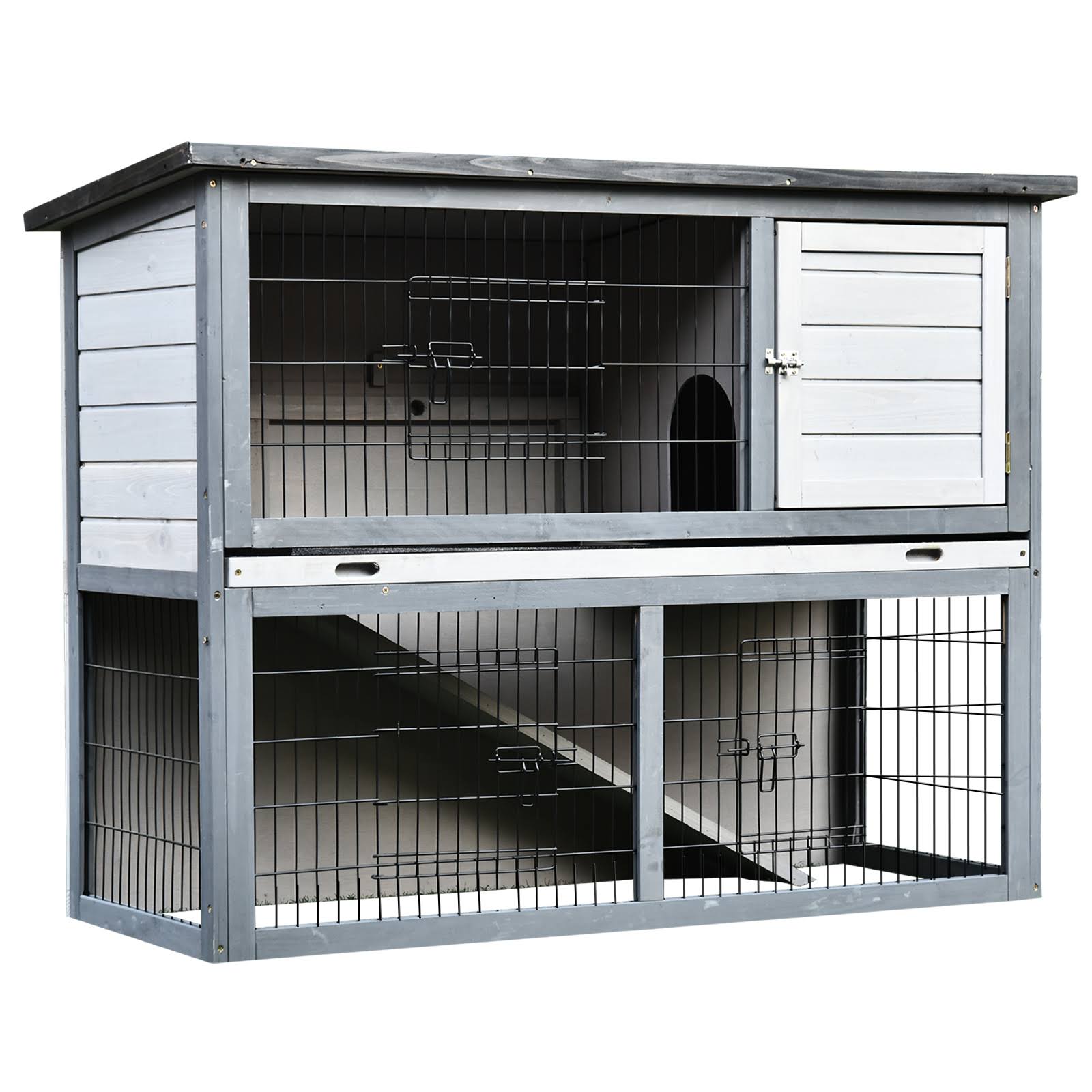 PawHut Outdoor Rabbit Hutch 54x22 Wooden Rabbit Bunny Cage Water Resistant Pet House 4 Door w/ Ramp