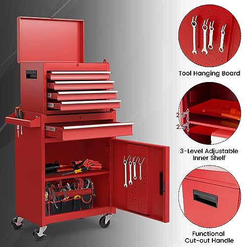 Goplus Rolling Tool Chest, 5-Drawer Tool Box Organizer w/Lockable Wheels & Sliding Drawers & Detachable Top & Adjustable Shelf