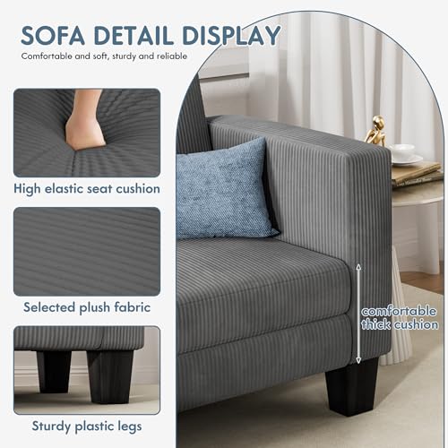 YESHOMY L-Shaped Convertible Sectional Sofa 3 Seater with Corduroy Fabric, Complete with Mobile Footrest, for Living Room, Apartment and Office, 70"