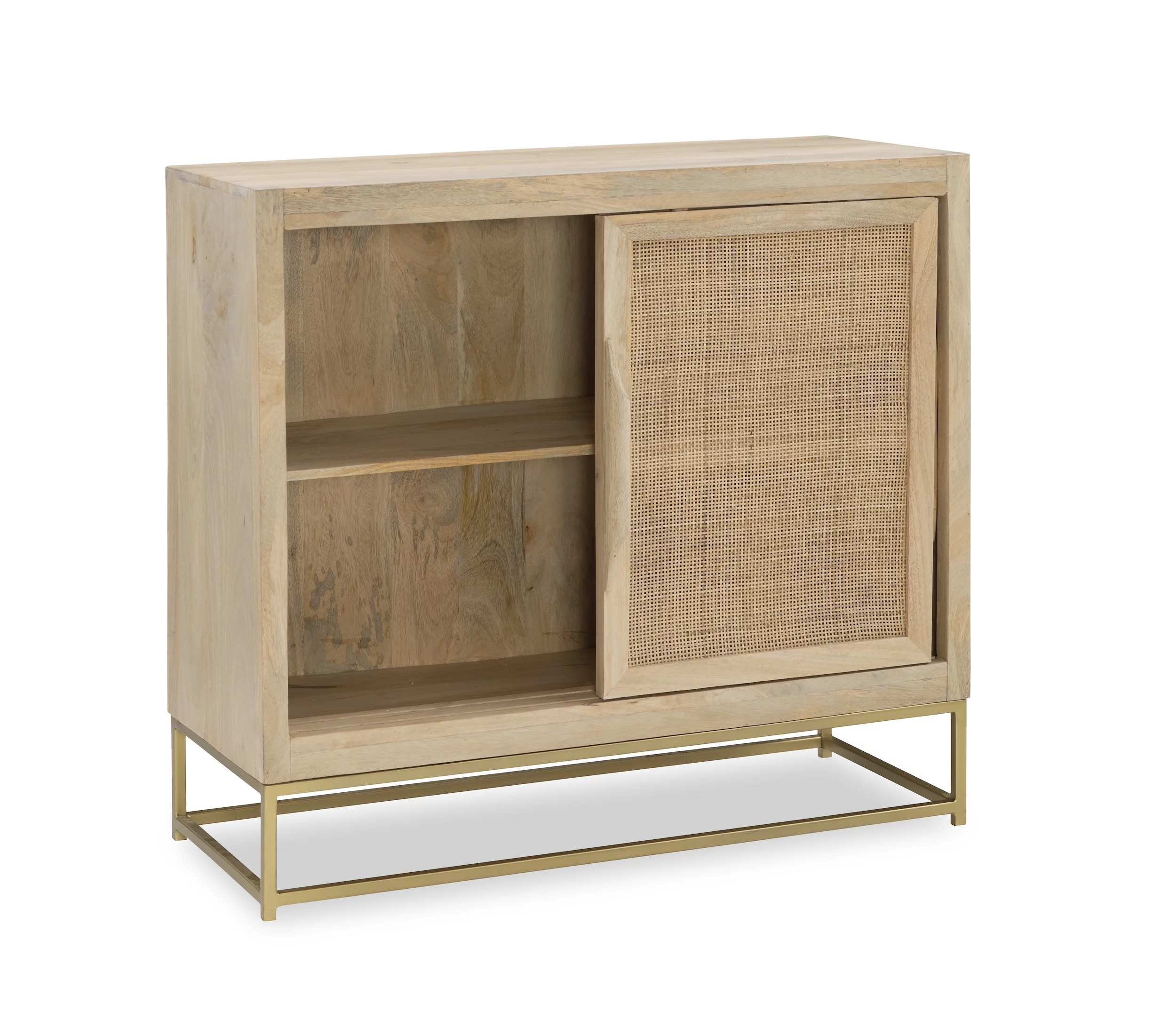 Blair Rattan Sliding Doors Cabinet with Shelves, Natural and Gold