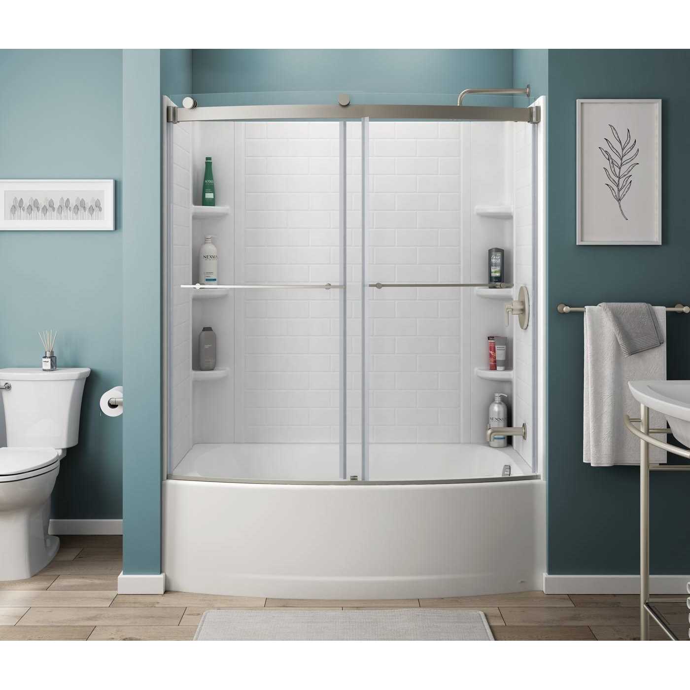 American Standard Elevate Brushed Nickel 58-in to 58-1/2-in x 59.96-in Framed Sliding Soft Close Bathtub Door AM00837400.295