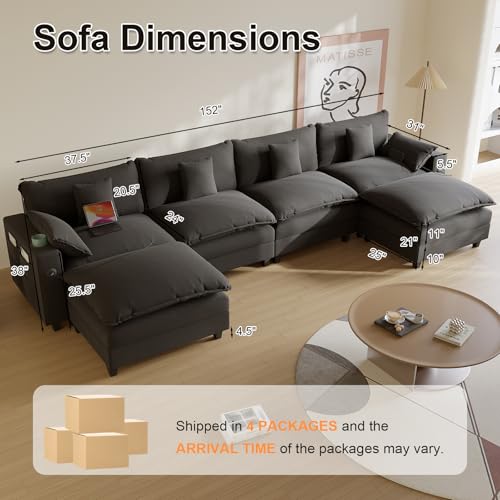 Modular Sectional Sofa, Cloud Couch with Ottoman, Charging Station, Throw Pillows, Cup Holders, Modern Convertible U Shaped Couches for Living Room