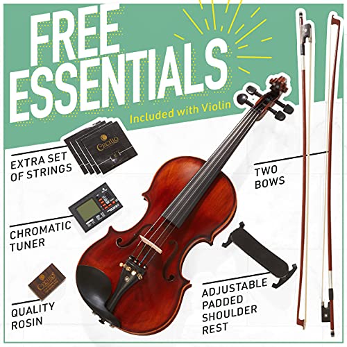 Mendini By Cecilio Violin - MV500+92D - Size 4/4 (Full Size), Black Solid Wood - Flamed, 1-Piece Violins w/Case, Tuner, Shoulder Rest, Bow, Rosin