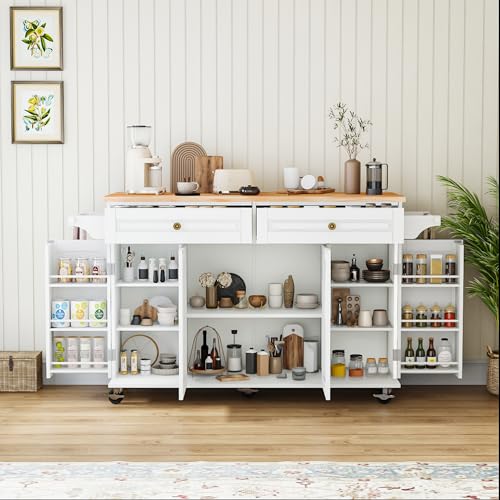 67’’ Movable Kitchen Island with Drop Leaf and Power Outlet, Lockable Sliding Countertop Rolling Island Cart with 2 Large Drawers, Spice, Towel Rack