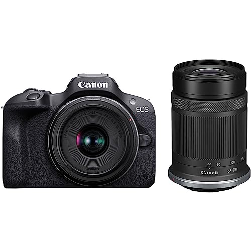 Canon EOS R100 Mirrorless Camera with 18-45mm and 55-210mm Lenses Kit (6052C022) + Bag + 64GB Card + LPE17 Battery + Charger + Card Reader + Flex