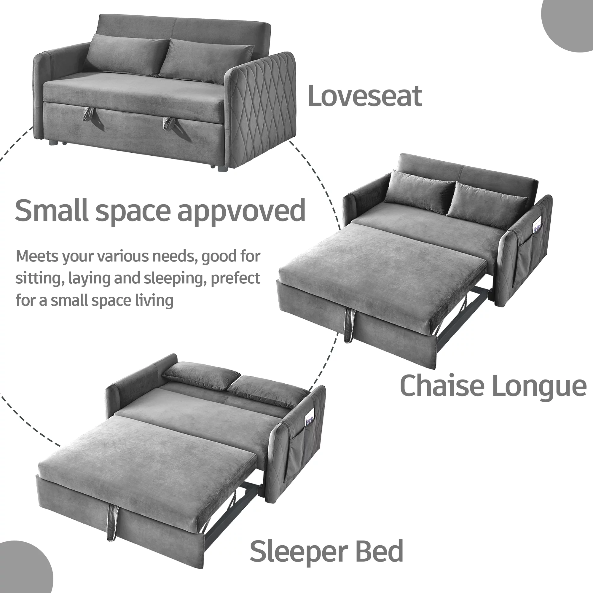 Ufurpie 55"L Modern Velvet Pull Out Sofa Bed,Convertible Velvet Sleeper Sofa Bed with Adjustable Backrest&2 Pillows,Gray