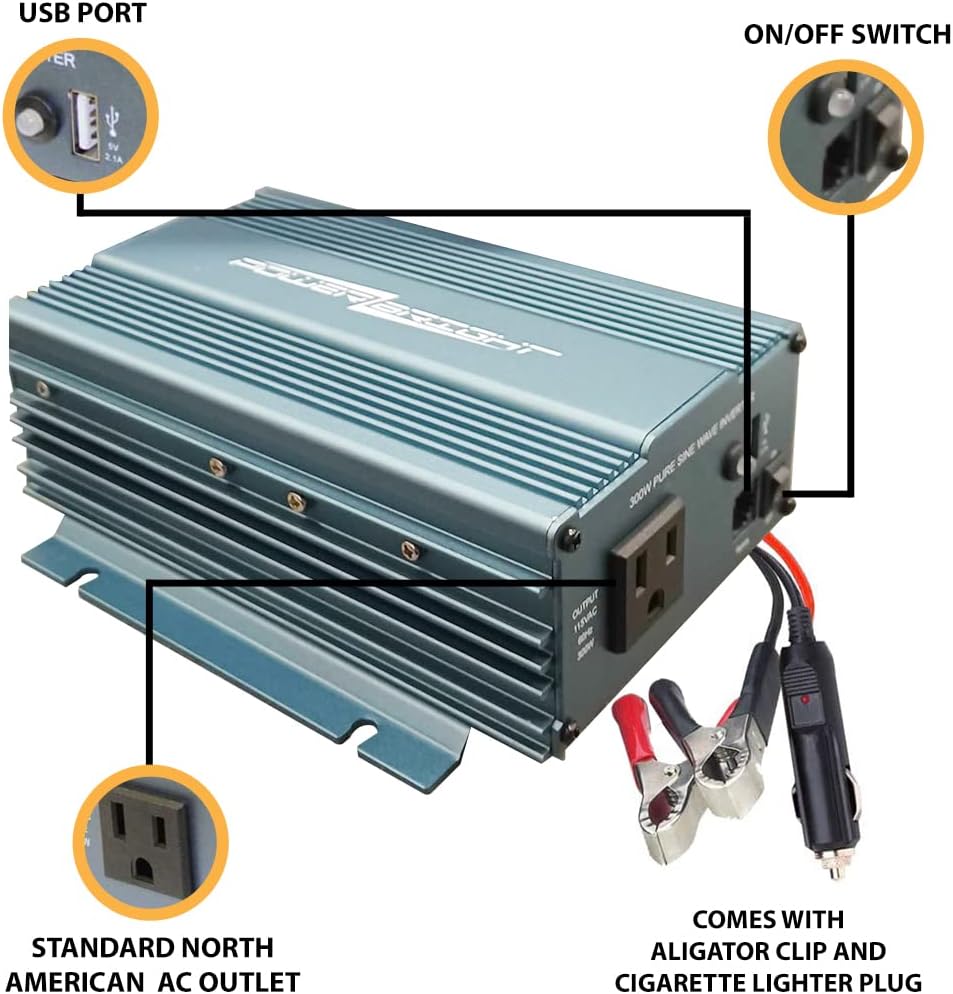 PowerBright 24 Volts Pure Sine Wave Power Inverter 300 Watt, True Sine Continuous 24 Volt DC to 120 Volt AC - Perfect for an Emergency, Hurricane