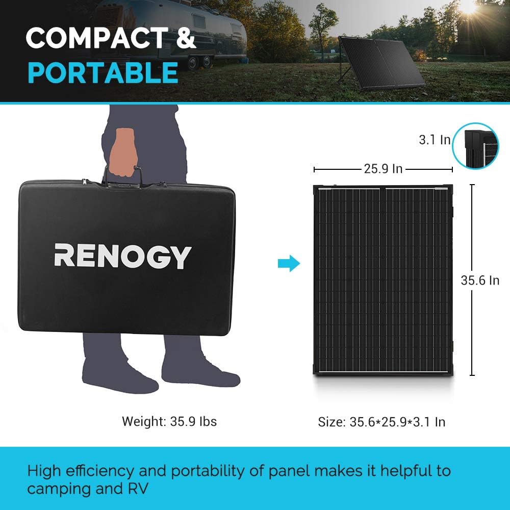 Renogy 200 Watt 12 Volt Monocrystalline Off Grid Portable Foldable 2Pcs 100W Solar Panel Suitcase Built-in Kickstand with Waterproof 20A Charger