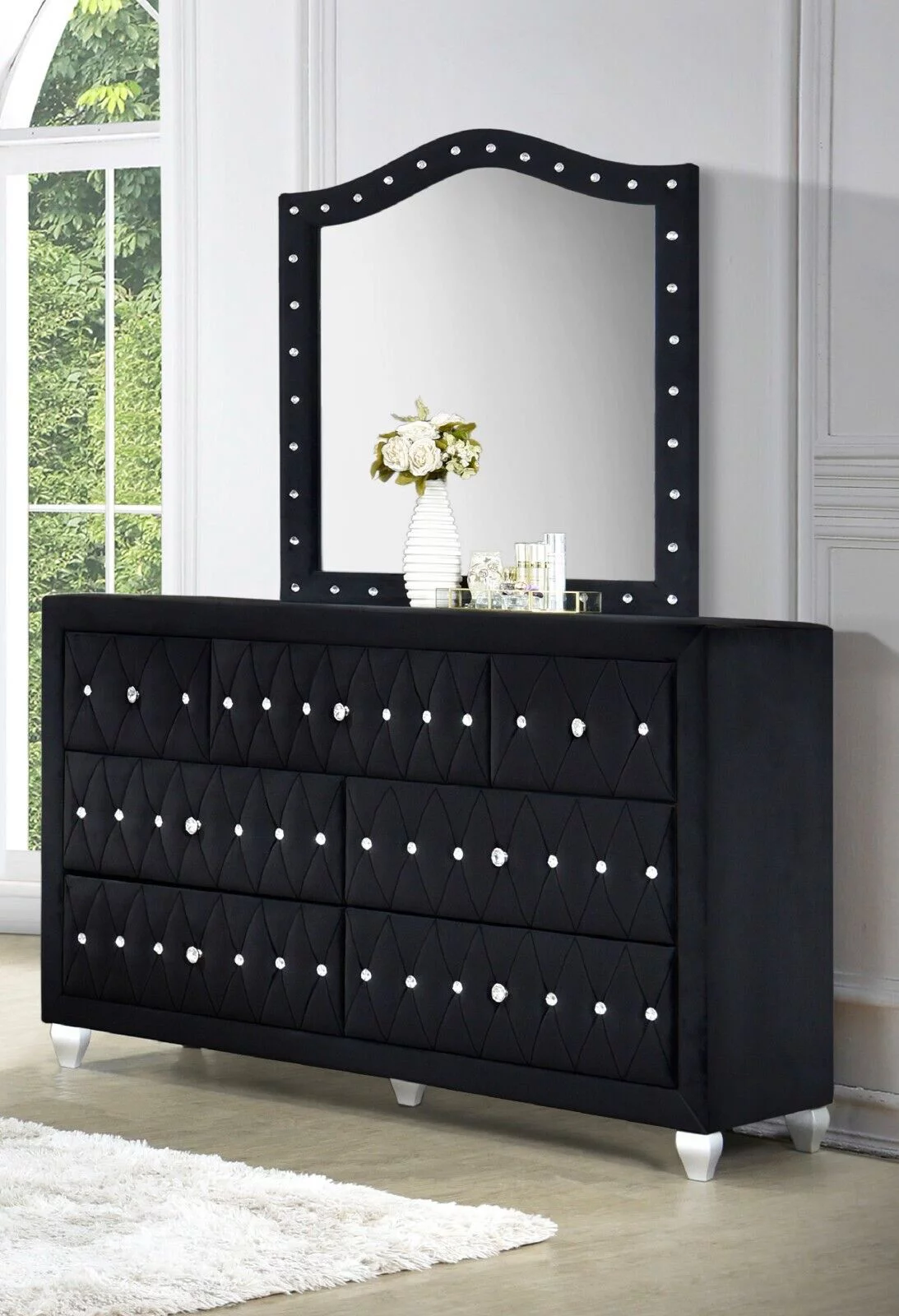 Modern 4Pc Queen Size Bed Dresser Mirror Nightstand Set Master Bedroom Furniture Black Velvet