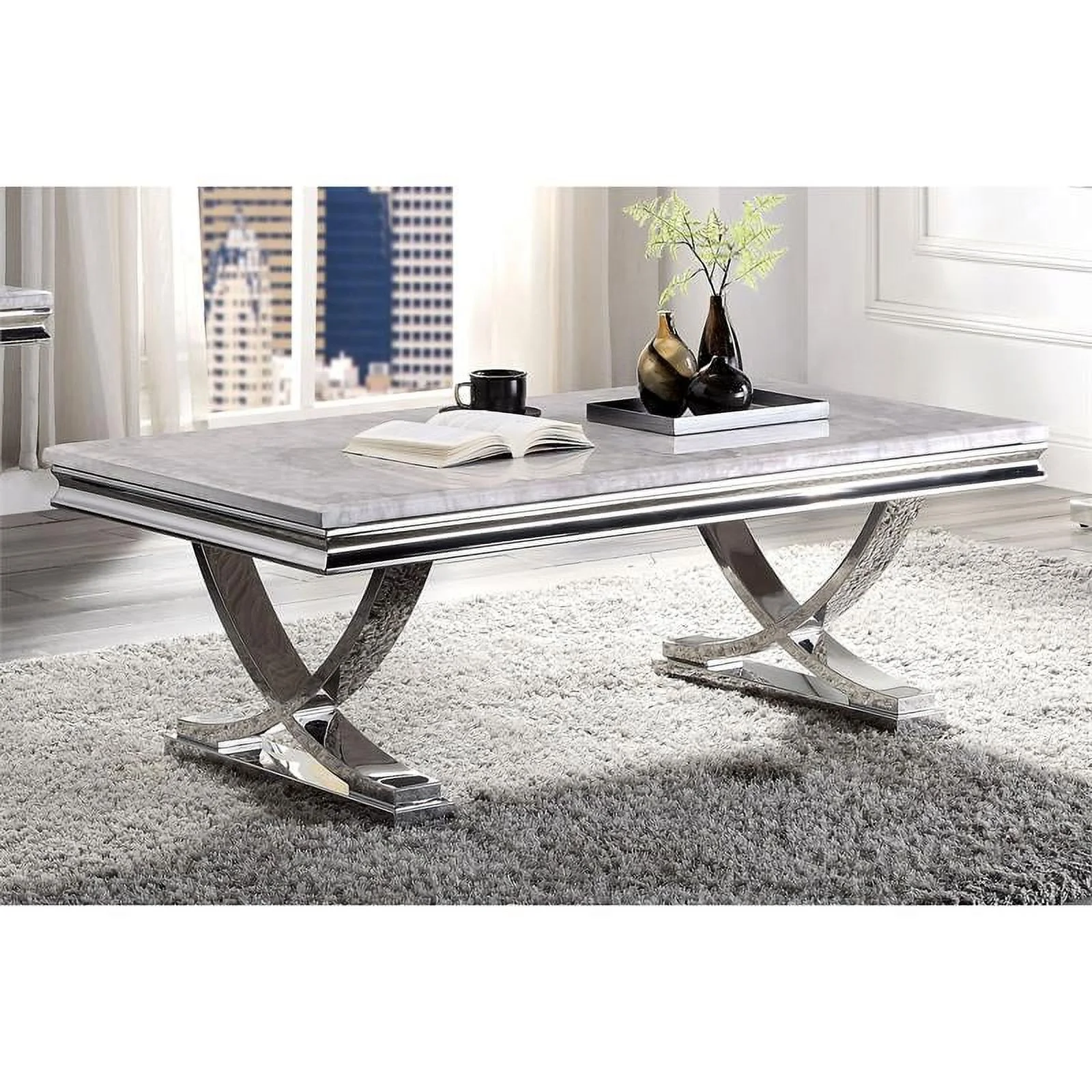 Furniture of America Linke Glam Metal 3-Piece Coffee Table Set in Chrome