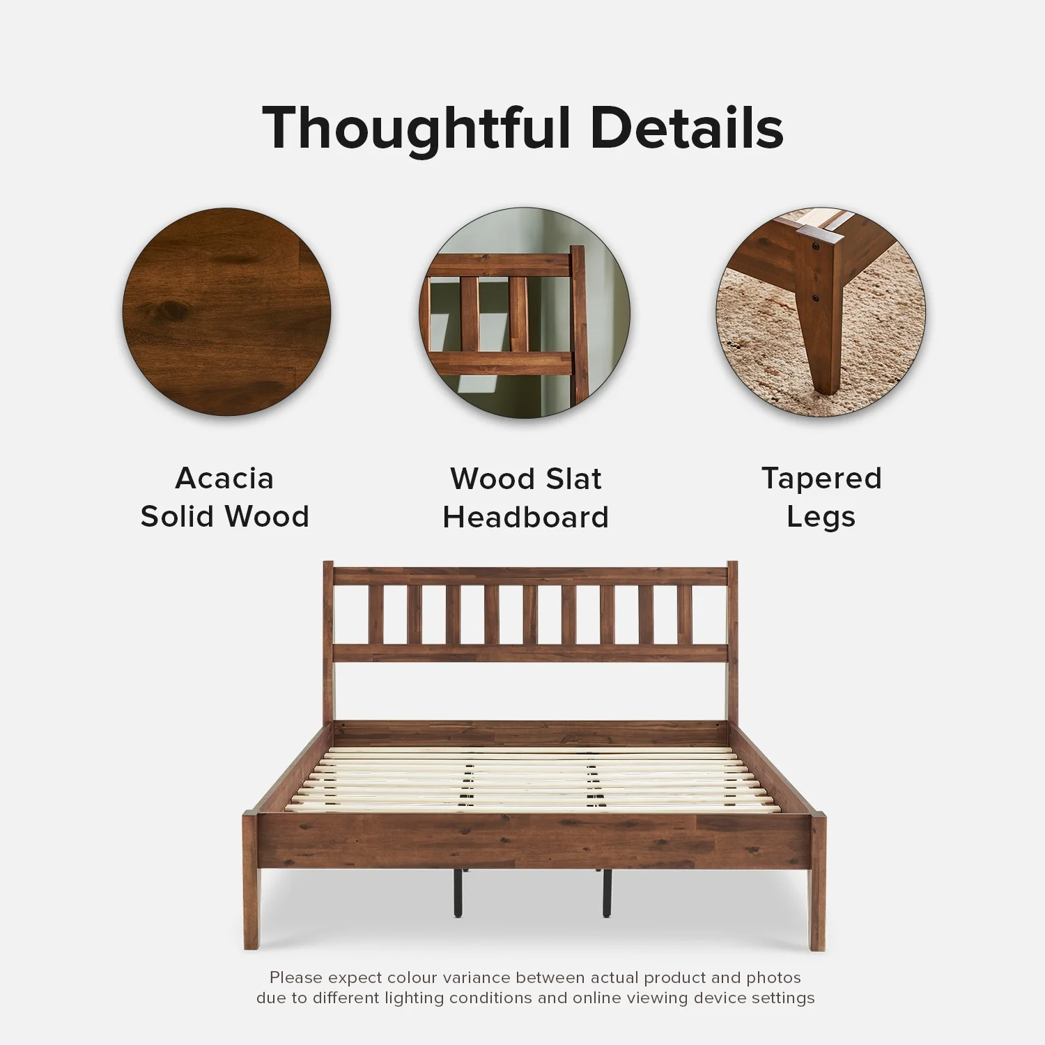 Mopio Ted Queen Bed Frame with Headboard, Full Size Bed Frame, Mid Century Modern Acacia Solid Wood Platform Bed Frame, Wooden Bed Slats