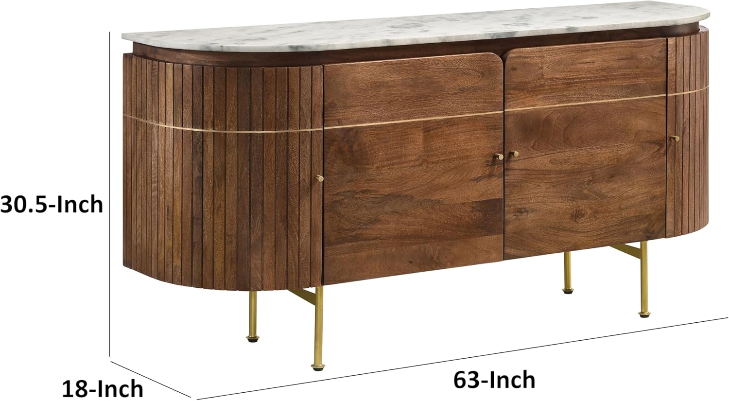 Benjara Evi 63 Inch Dining Sideboard Server, Curved Marble Top, White, Brown and Brass