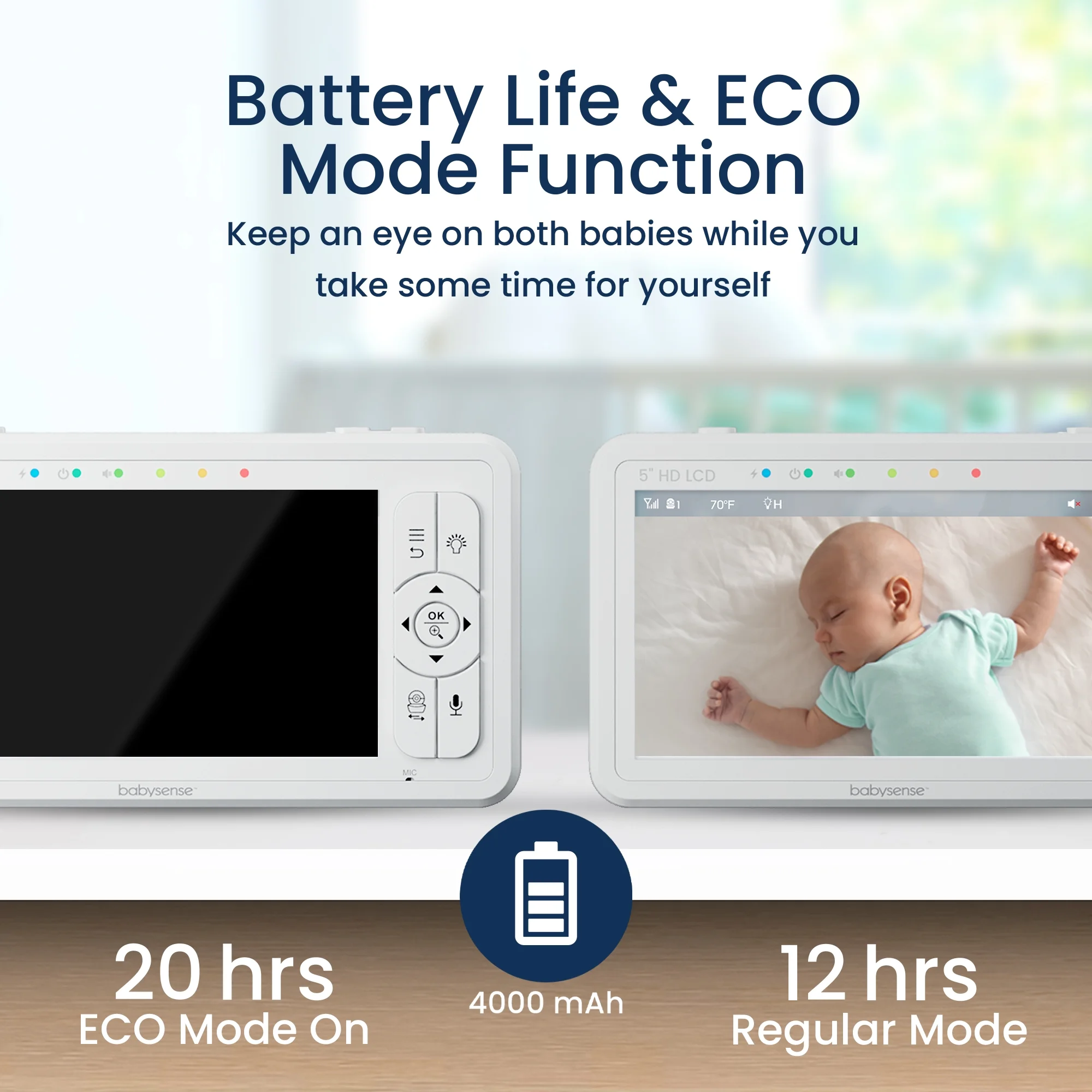 Babysense HD Baby Video Monitor Split Screen, 5" HD Display with 2 Cameras, Night Light, Non-Wi Fi, Pan Tilt Zoom, HDS2