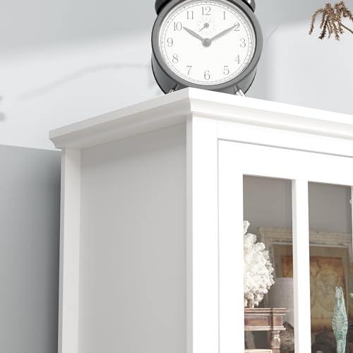 Hitow Tall Bookshelf White Bookcase with Glass Doors, Wooden Display Cabinet with 4-Tier Shelf & 2 Drawers, Pantry Cabinet for Home Office