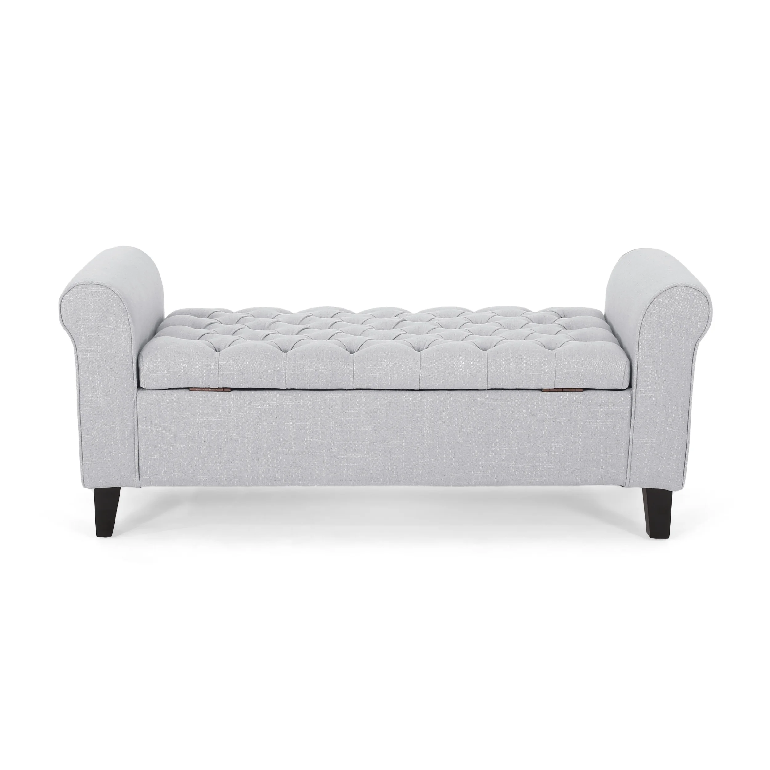 Noble House Sheffield Contemporary Rolled Arm Fabric Storage Ottoman Bench, Light Gray and Dark Brown
