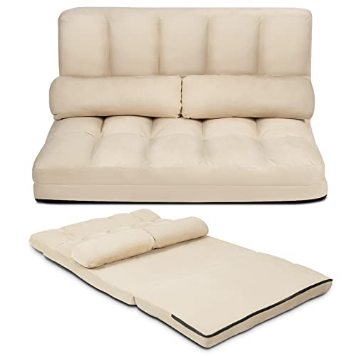 COSTWAY Floor Sofa Couch with 2 Pillows, Foldable 6-Position Adjustable Lazy Sofa bed Sleeper with Metal Frame, Soft Suede Fabric
