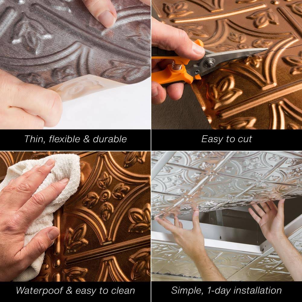 Fasade Traditional Style/Pattern 1 Decorative Vinyl 2ft x 2ft Lay in Ceiling Tile in Argent Silver (5 Pack)