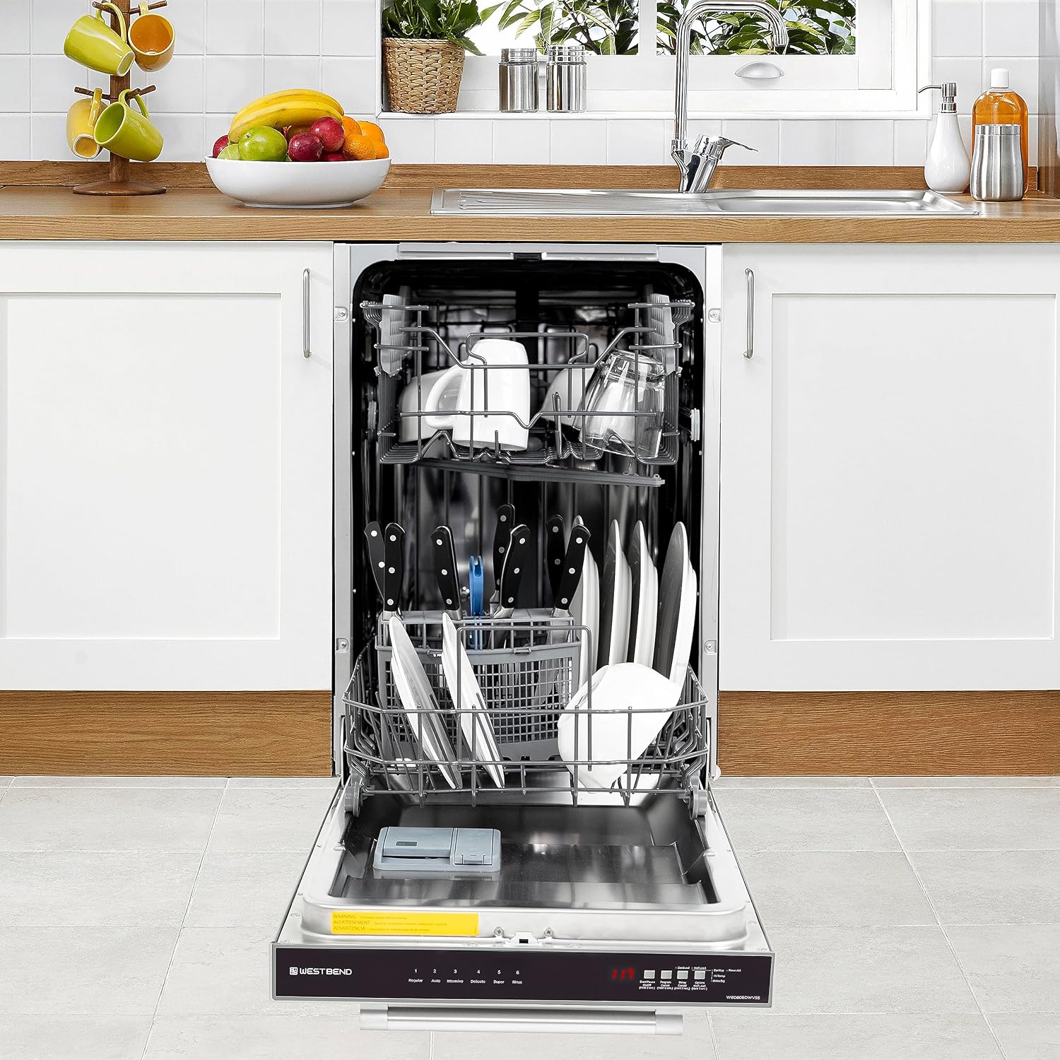 West Bend Dishwasher 18-Inch Built In with 3 Wash Options and 6 Automatic Cycles, Stainless Steel Construction with Electronic Control LED Display