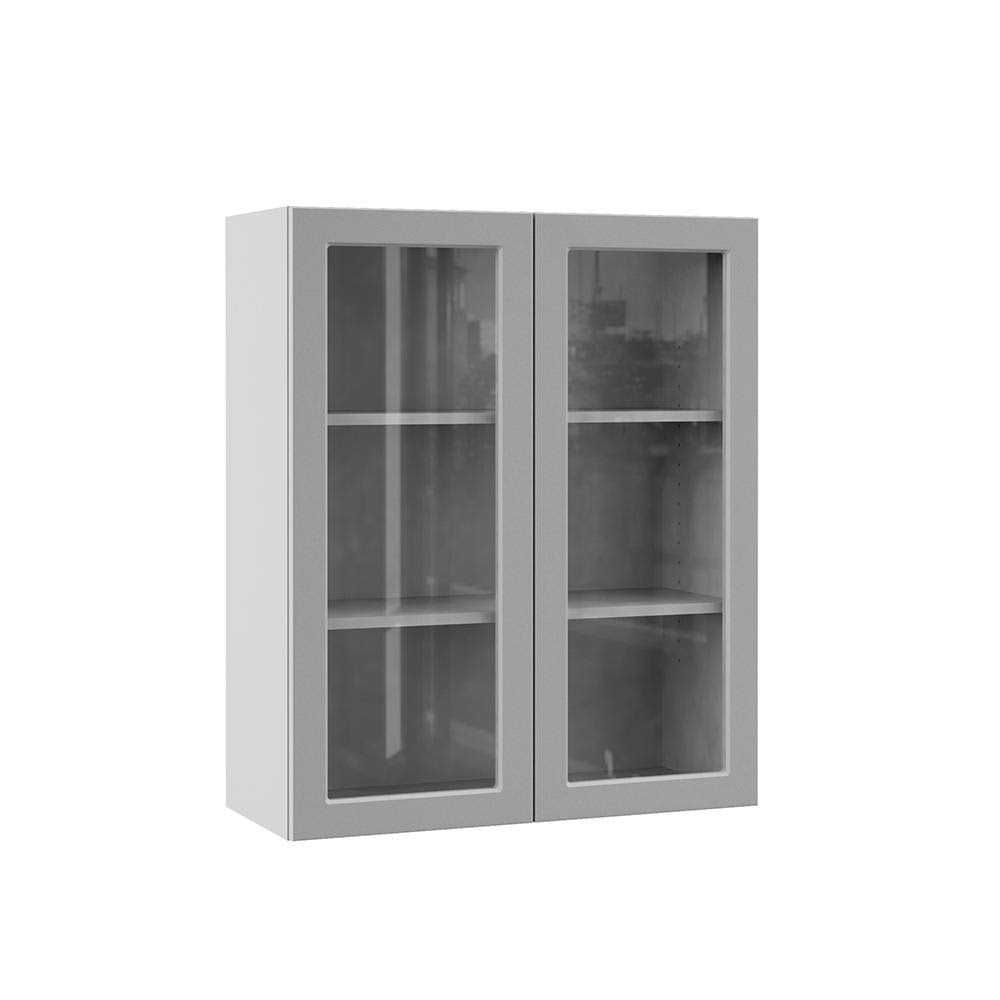 Hampton Bay Designer Series Melvern Assembled 30x36x12 in. Wall Kitchen Cabinet with Glass Doors in Heron Gray