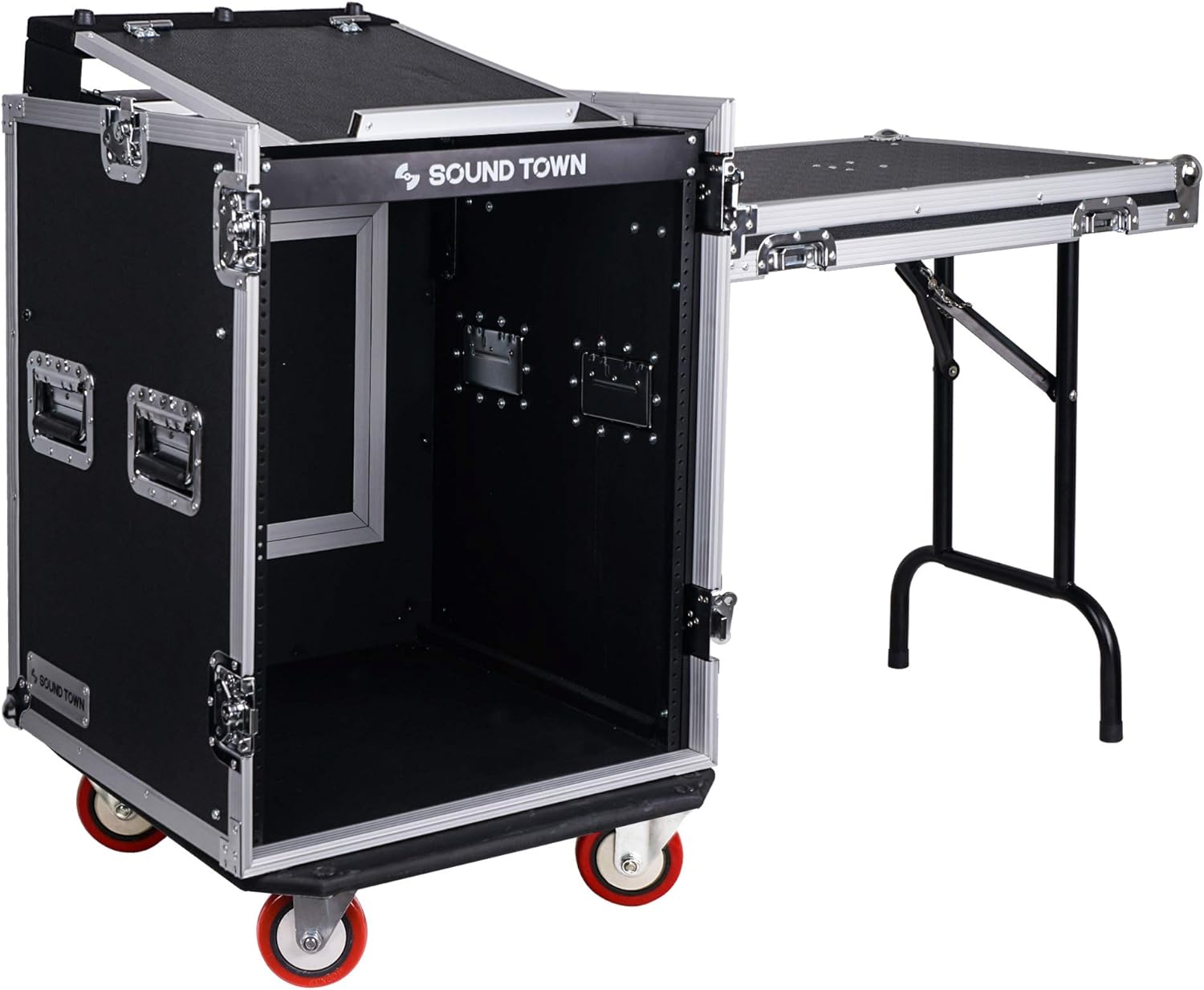Sound Town 14U PA DJ Rack/Road ATA Case with 11U Slant Mixer Top, 20���� Rackable Depth, DJ Work Table and Casters, 14 Space Size