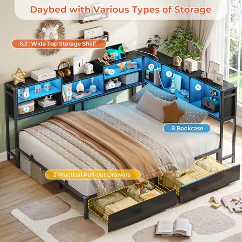 DICTAC Corner Twin Bed Frame with Bookcase Storage and Led Lights Metal Twin Size Platform Beds with Storage and Charging Station Twin Daybed with 2
