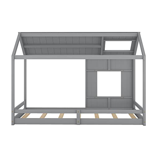 Harper & Bright Designs Twin Size Kids House Bed, Montessori Floor Bed Twin with Roof and Window