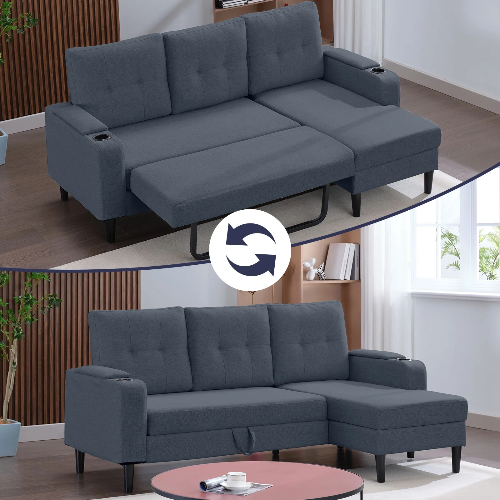 ijuicy Pull Out Sofa Bed, 3-Seat Pull Out Couch Bed with Linen Upholstered, 80” Sleeper Sofa with Storage Armrest & Cupholders