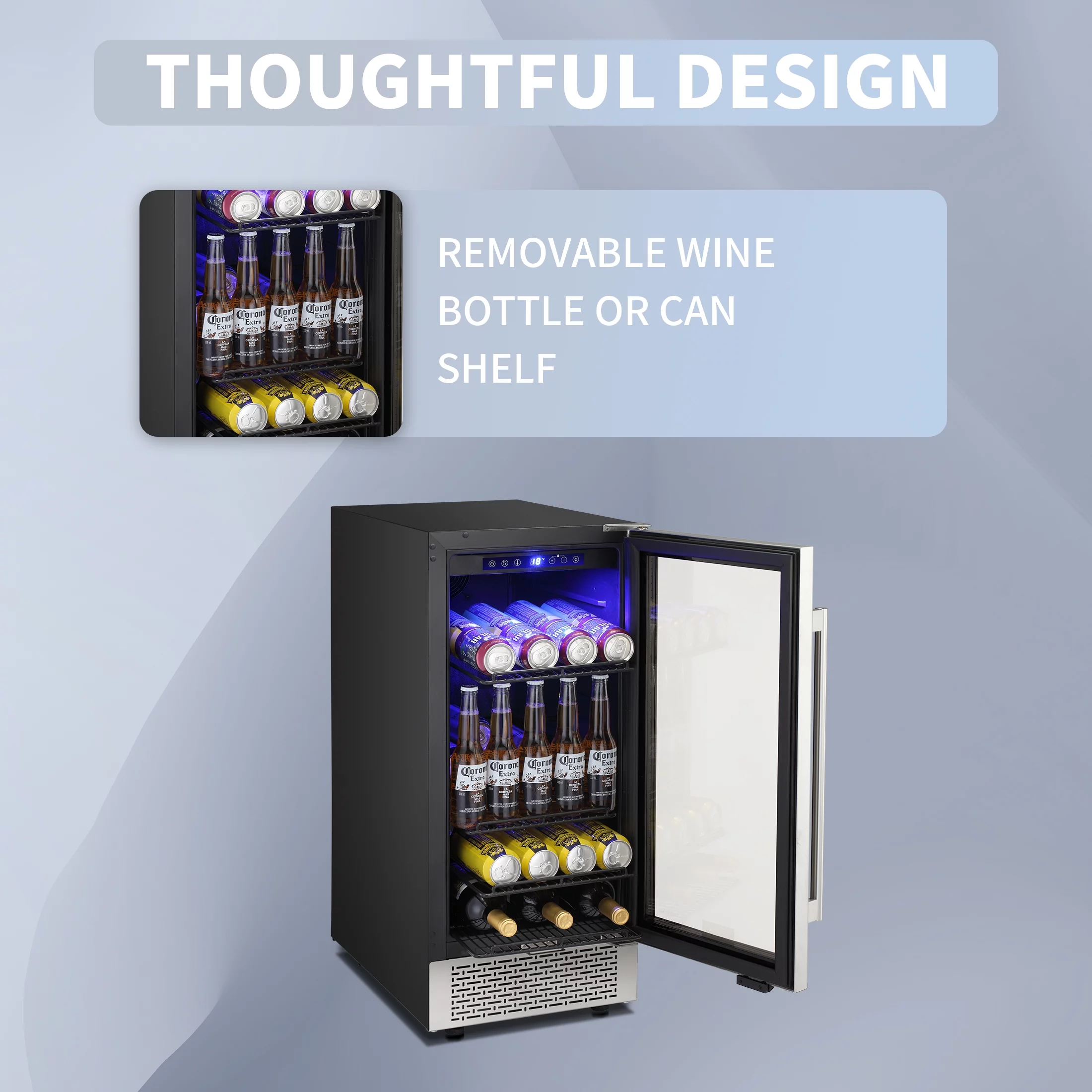 Auseo 15 inch Beverage Refrigerator, Built-in Wine Cooler, Mini Beverage Fridge, Clear Glass Door, Digital Memory Temperature Control