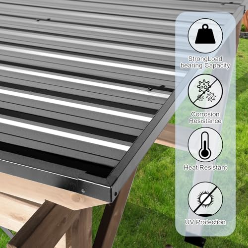 8x6 FT Wood Grill Gazebos, BBQ Wooden Gazebo with Hardtop Sloping Steel Roof, Wood Outdoor Pavilion with 2 Side Storage Shelves