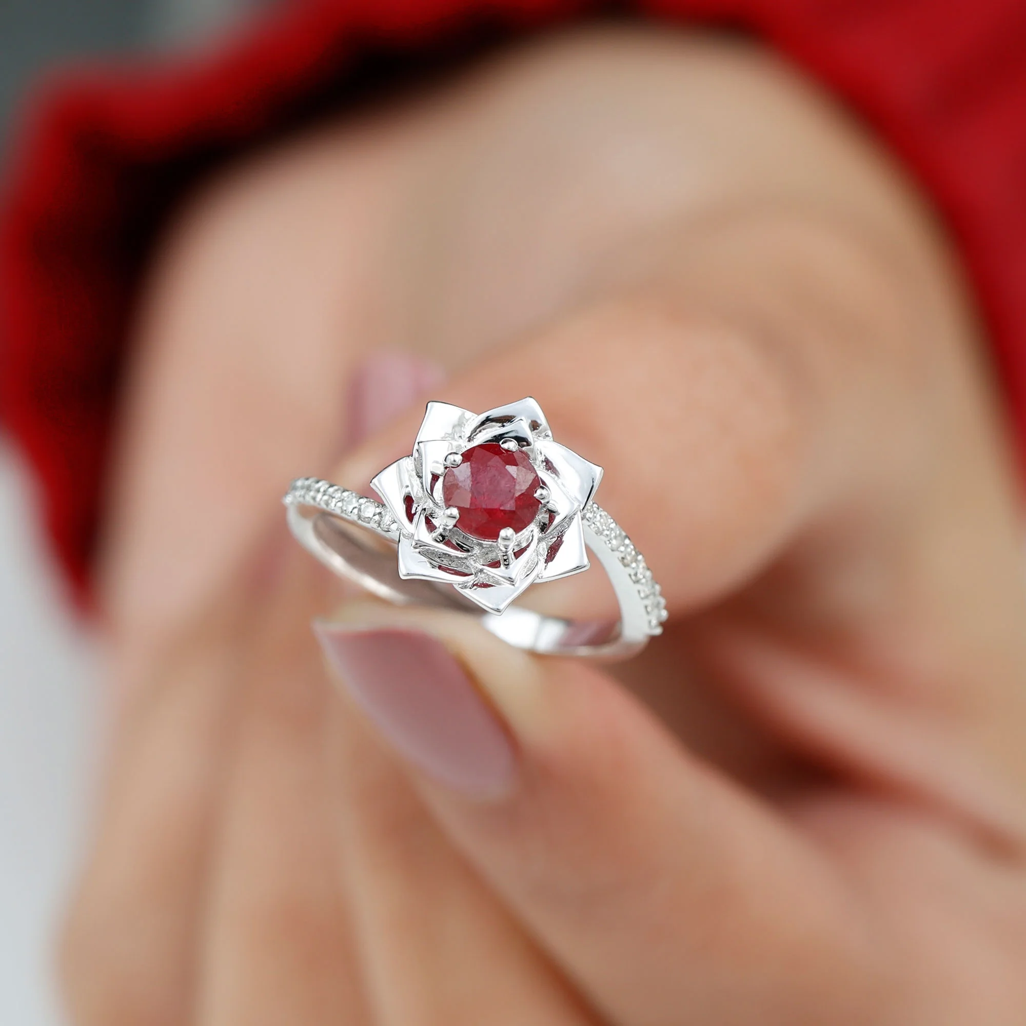 Natural Ruby Rose Floral Ring with Diamond for Women (5 mm) - 1 CT, AAA Grade, 925 Sterling Silver, US 4.00