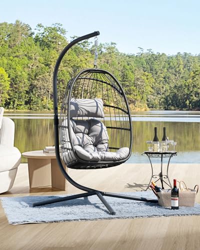 HWB Hanging Egg Chair with Stand, Patio Wicker Hammock Egg Swing Chair with Cushion for Bedroom Garden Indoor Outdoor (Beige)