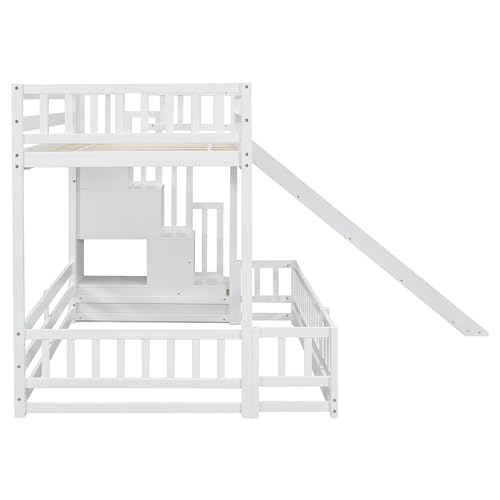 Twin Over Full Bunk Bed - Modern Wooden Floor Bunk Bed with Slide, Storage Staircase & Safety Fence Guardrails