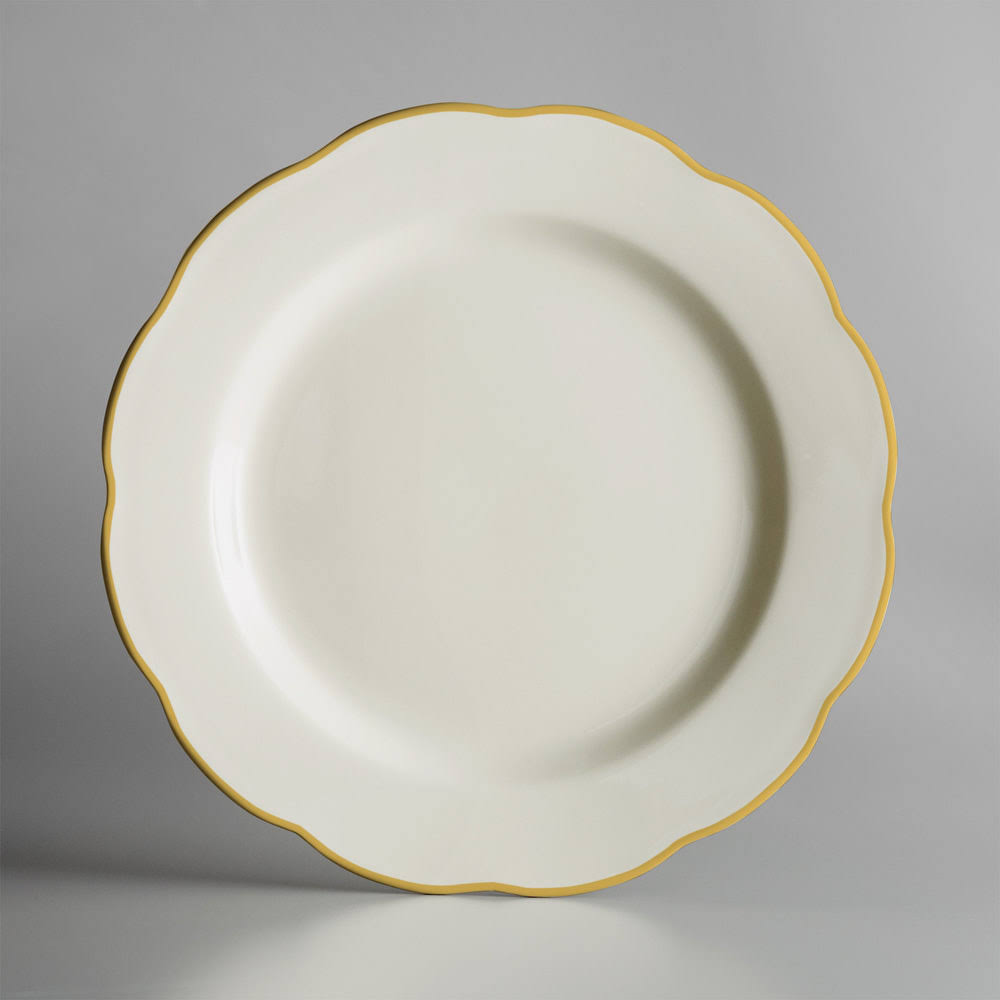 CAC SC-16G Seville 10 3/4u0026quot; Ivory (American White) Scalloped Edge China Plate with Gold Band - 12/Case