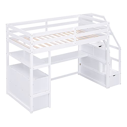 Harper & Bright Designs Twin Over Twin Bunk Bed with Stairs and Trundle, Solid Wood Stairway Bunk Bed Frame with Storage