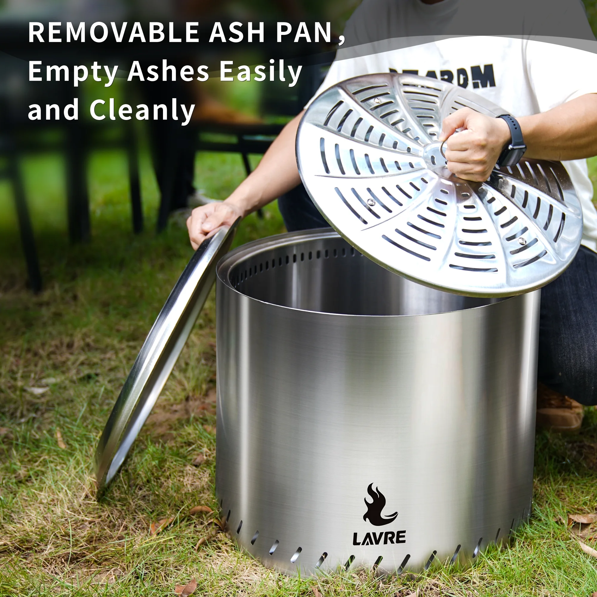 Fire Pit for Outside, 19 inch Stainless Steel Smokeless Bonfire Wood Burning Fire Pit with Removable Ash Pan
