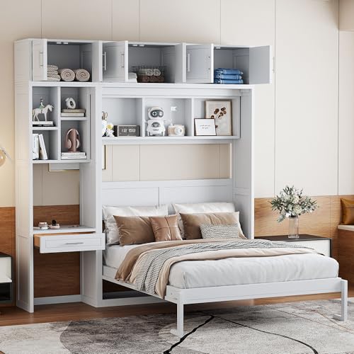 Polibi Full Size Wall Murphy Bed with Built-in Desk & Shelves - Multi-Functional Wall Bed for Small Apartments, 3 Storage Cabinets