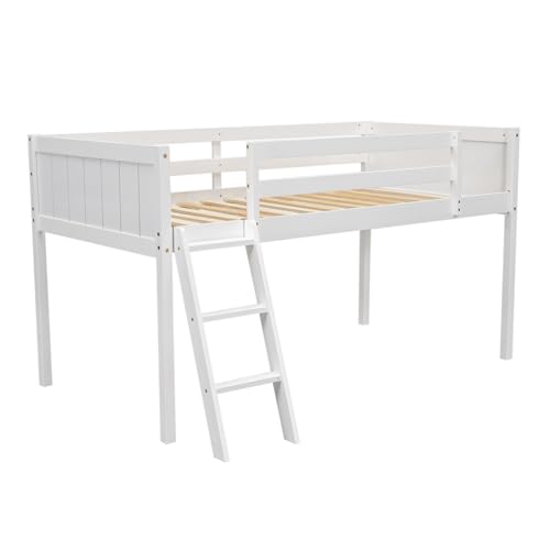Full Size Loft Bed with L-Shaped Desk, Wardrobe and Storage Shelves, Solid Wood Bedframe w/Safety Guardrails & Ladder for Kids Teens Adults