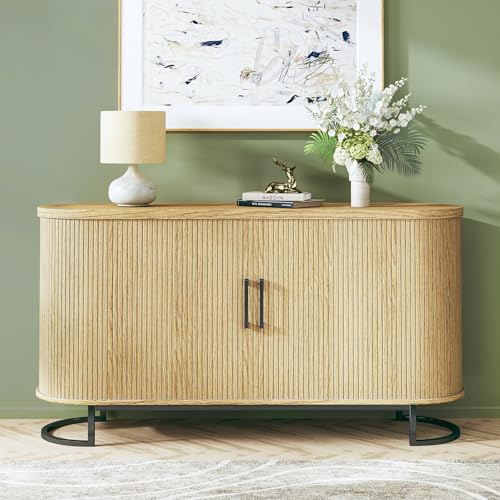 Sideboard Buffet Cabinet with Storage, 54.3" Fluted Tambour, Adjustable Shelves, Mid Century Modern Console for Living Room Kitchen Walnut