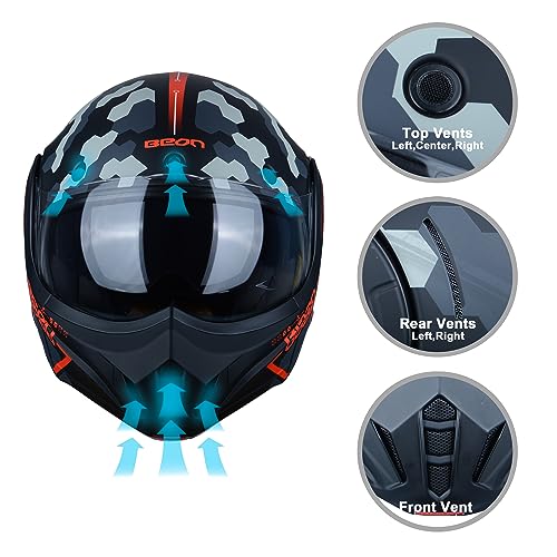 BEON Full Face Motorcycle Helmet DOT Approved, 180° Reversible Chin Guard Modular Pilot Helmet with Anti-Fog Dual Visors for Adult Men Women (S-XXL)