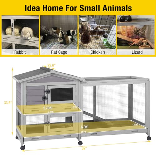 Aivituvin Rabbit Hutch 93.7" Large Rabbit Cage Indoor Outdoor Guinea Pig Cage Chicken Coop on Wheels Bunny Cage with 4 Deep No Leakage Pull Out Tray