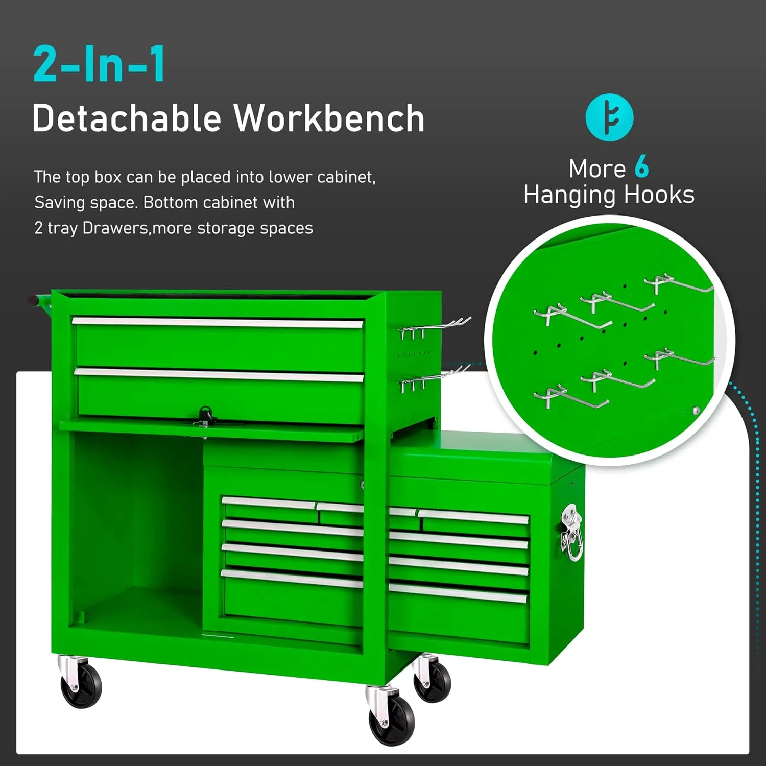 2-IN-1  Tool Chest & Cabinet, Large Capacity 8-Drawer Rolling Tool Box Organizer with Wheels Lockable Craft, Black