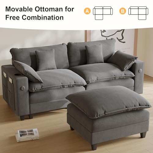 Modular Sectional Sofa, Cloud Couch with Ottoman, Charging Station, Throw Pillows, Cup Holders, Modern Convertible U Shaped Couches for Living Room