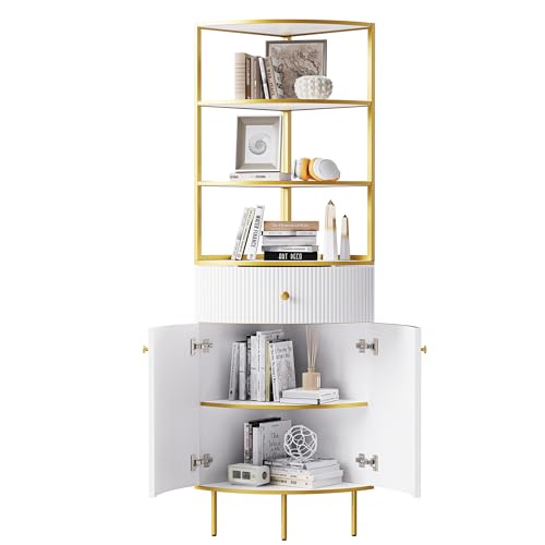 Modern Tall Corner Cabinet, 74.8" Corner Bookshelf with Storage Corner Bookcase with 1 Drawer and 2 Doors
