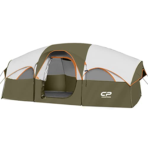 CAMPROS CP Tent 8 Person Camping Tents, Weather Resistant Family Tent, 5 Large Mesh Windows, Double Layer, Divided Curtain for Separated Room