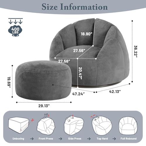 Giant Bean Bag Chair for Adults - Comfy Plush Round Shell Soft Accent Chair, Oversized Cozy Lounge Floor Sofa Reading Chair