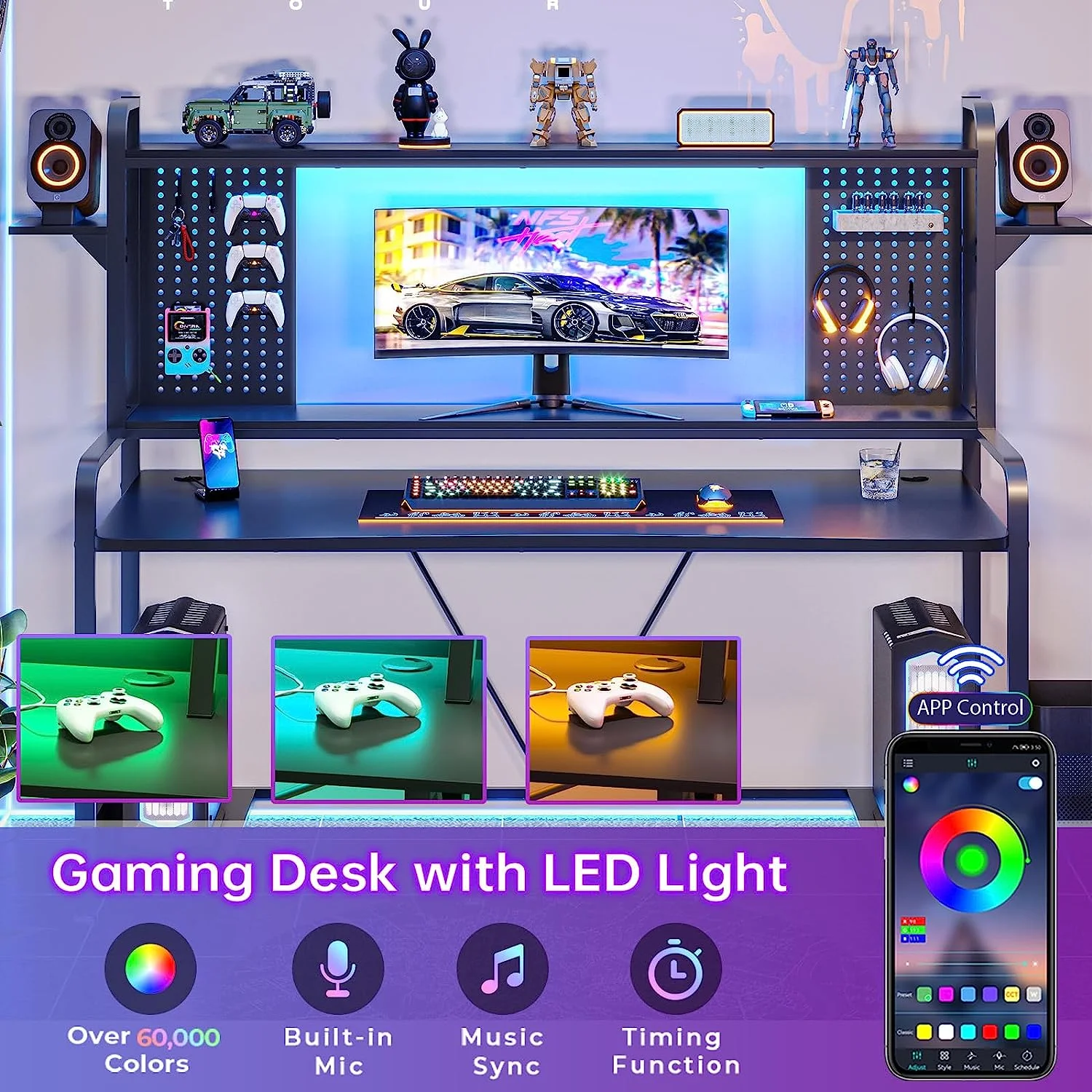 SEDETA Gaming Desk, 55" Computer Desk with Hutch and Shelves, LED Lights, Pegboard and Monitor Shelf, Large PC Gamer Desk Workstation for Home Office